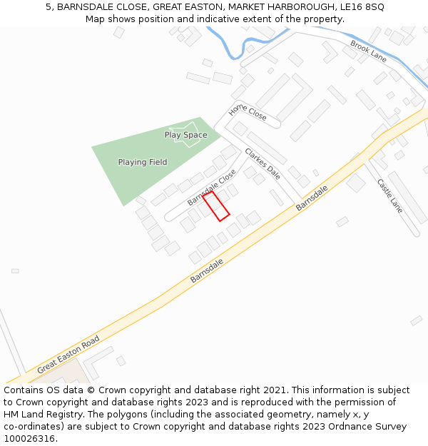 5, BARNSDALE CLOSE, GREAT EASTON, MARKET HARBOROUGH, LE16 8SQ: Location map and indicative extent of plot