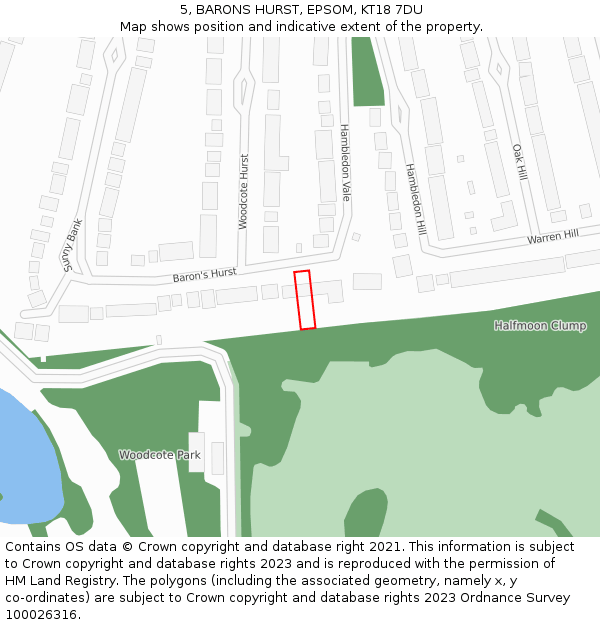 5, BARONS HURST, EPSOM, KT18 7DU: Location map and indicative extent of plot