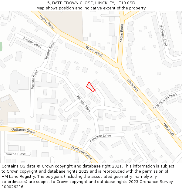 5, BATTLEDOWN CLOSE, HINCKLEY, LE10 0SD: Location map and indicative extent of plot