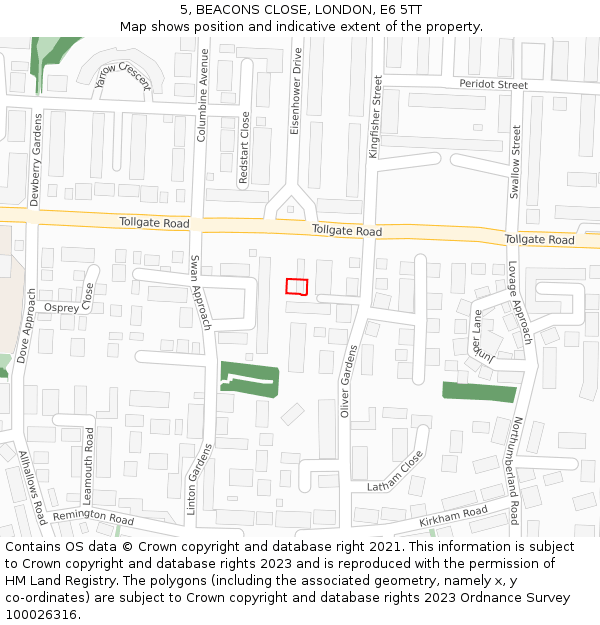 5, BEACONS CLOSE, LONDON, E6 5TT: Location map and indicative extent of plot