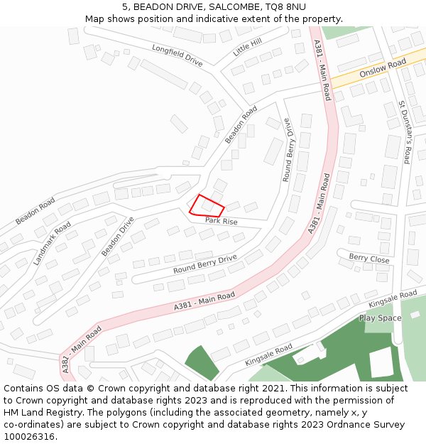 5, BEADON DRIVE, SALCOMBE, TQ8 8NU: Location map and indicative extent of plot