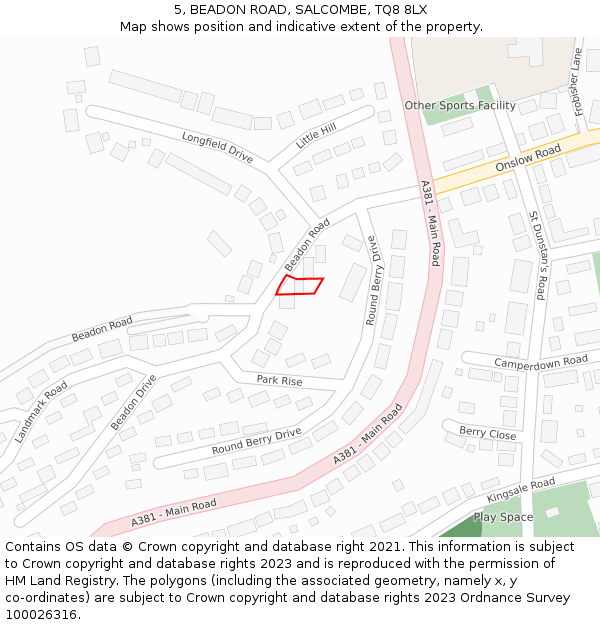 5, BEADON ROAD, SALCOMBE, TQ8 8LX: Location map and indicative extent of plot