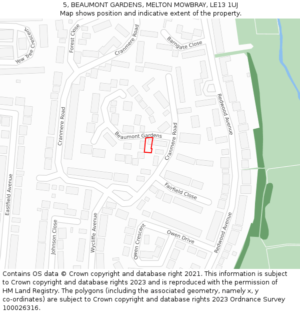 5, BEAUMONT GARDENS, MELTON MOWBRAY, LE13 1UJ: Location map and indicative extent of plot
