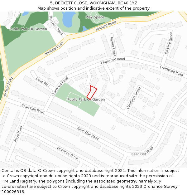 5, BECKETT CLOSE, WOKINGHAM, RG40 1YZ: Location map and indicative extent of plot