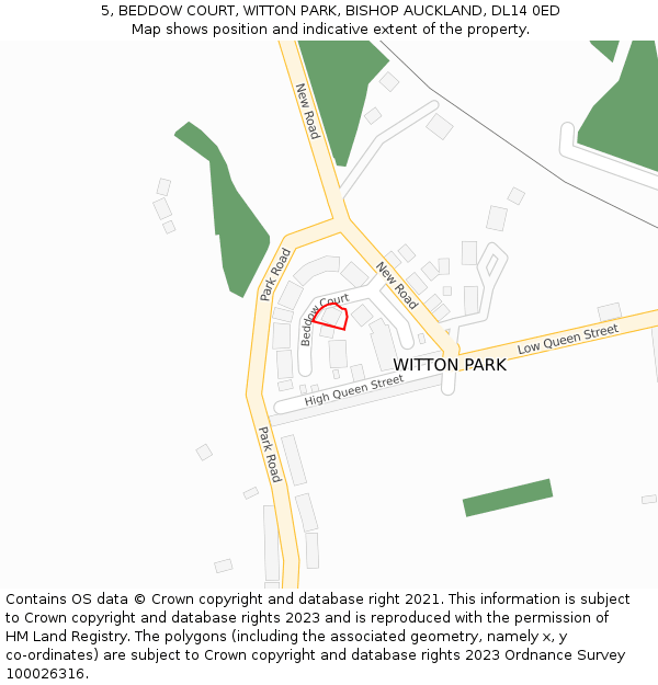 5, BEDDOW COURT, WITTON PARK, BISHOP AUCKLAND, DL14 0ED: Location map and indicative extent of plot