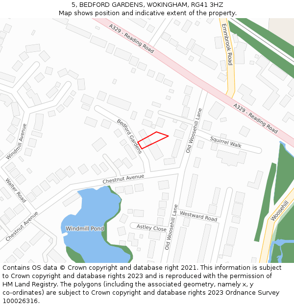 5, BEDFORD GARDENS, WOKINGHAM, RG41 3HZ: Location map and indicative extent of plot