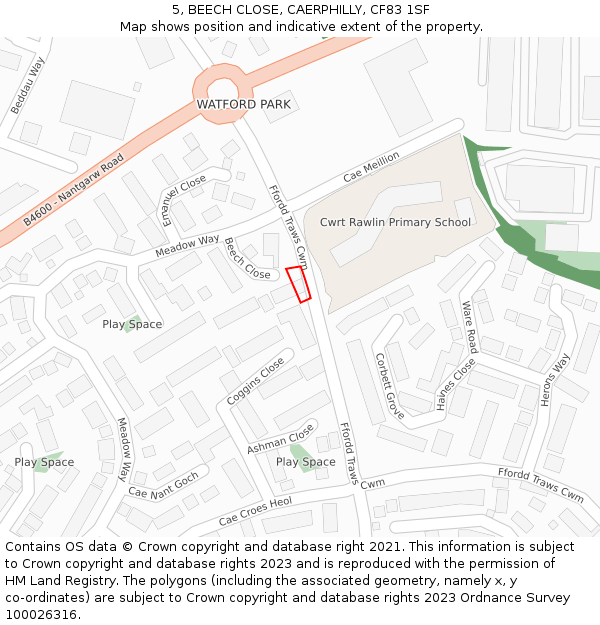 5, BEECH CLOSE, CAERPHILLY, CF83 1SF: Location map and indicative extent of plot