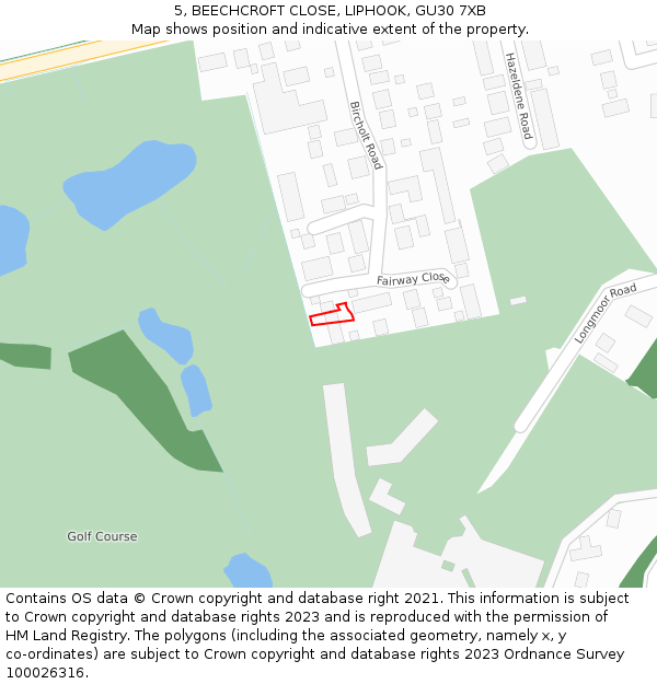 5, BEECHCROFT CLOSE, LIPHOOK, GU30 7XB: Location map and indicative extent of plot