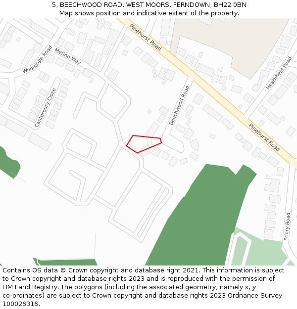 5, BEECHWOOD ROAD, WEST MOORS, FERNDOWN, BH22 0BN: Location map and indicative extent of plot