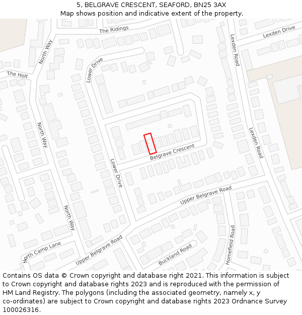 5, BELGRAVE CRESCENT, SEAFORD, BN25 3AX: Location map and indicative extent of plot