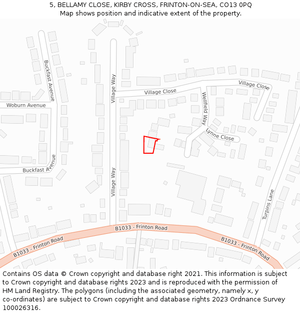 5, BELLAMY CLOSE, KIRBY CROSS, FRINTON-ON-SEA, CO13 0PQ: Location map and indicative extent of plot