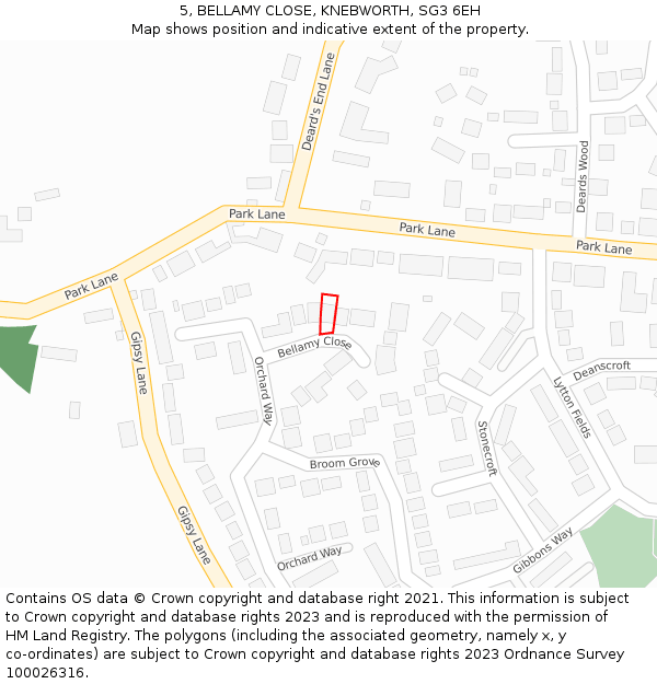 5, BELLAMY CLOSE, KNEBWORTH, SG3 6EH: Location map and indicative extent of plot