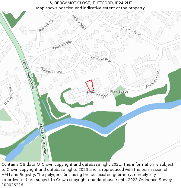 5, BERGAMOT CLOSE, THETFORD, IP24 2UT: Location map and indicative extent of plot