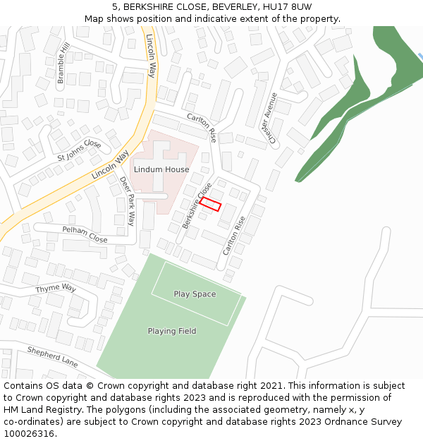 5, BERKSHIRE CLOSE, BEVERLEY, HU17 8UW: Location map and indicative extent of plot