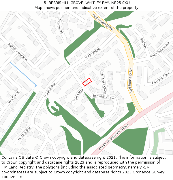 5, BERRISHILL GROVE, WHITLEY BAY, NE25 9XU: Location map and indicative extent of plot