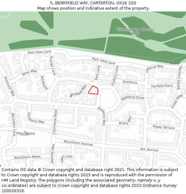 5, BERRYFIELD WAY, CARTERTON, OX18 1GS: Location map and indicative extent of plot