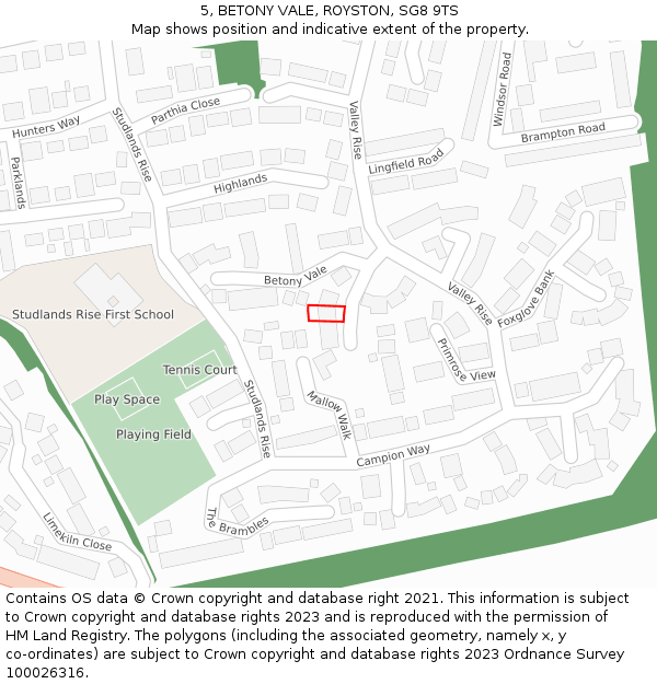 5, BETONY VALE, ROYSTON, SG8 9TS: Location map and indicative extent of plot