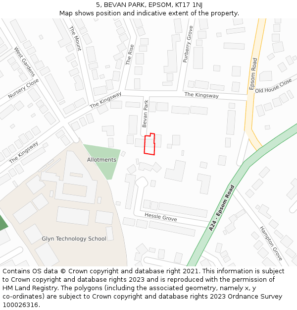 5, BEVAN PARK, EPSOM, KT17 1NJ: Location map and indicative extent of plot