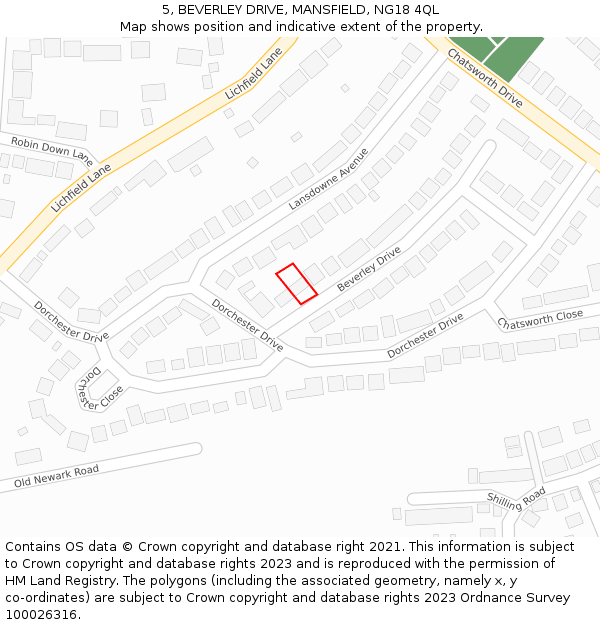 5, BEVERLEY DRIVE, MANSFIELD, NG18 4QL: Location map and indicative extent of plot