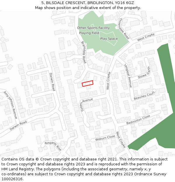 5, BILSDALE CRESCENT, BRIDLINGTON, YO16 6GZ: Location map and indicative extent of plot