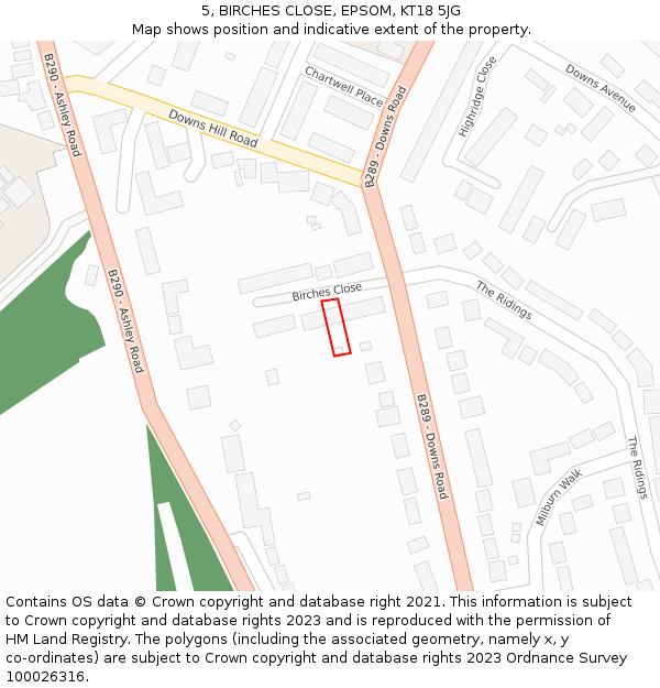 5, BIRCHES CLOSE, EPSOM, KT18 5JG: Location map and indicative extent of plot