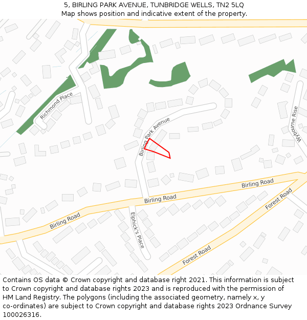 5, BIRLING PARK AVENUE, TUNBRIDGE WELLS, TN2 5LQ: Location map and indicative extent of plot