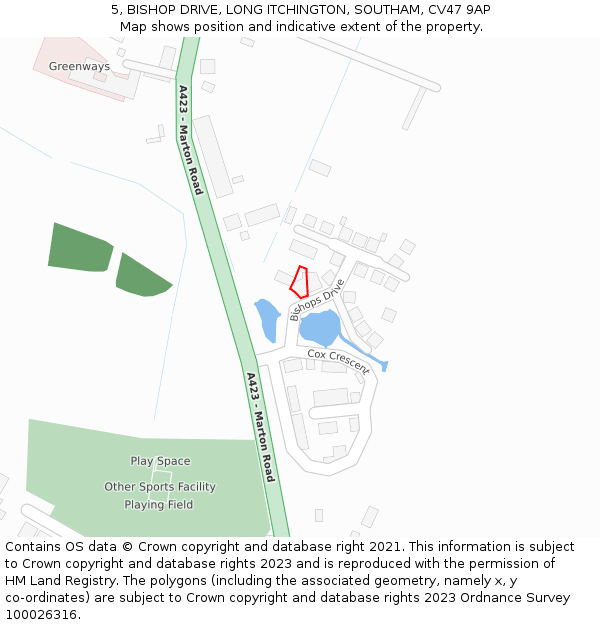 5, BISHOP DRIVE, LONG ITCHINGTON, SOUTHAM, CV47 9AP: Location map and indicative extent of plot