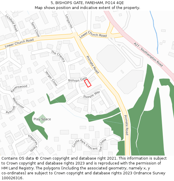 5, BISHOPS GATE, FAREHAM, PO14 4QE: Location map and indicative extent of plot