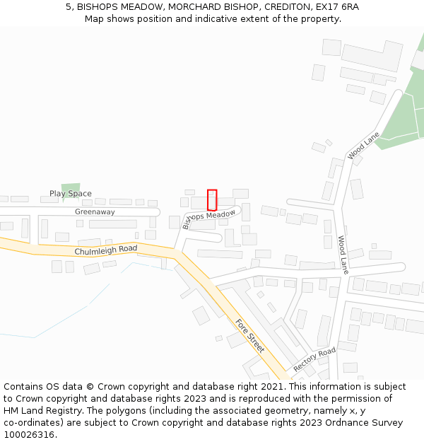 5, BISHOPS MEADOW, MORCHARD BISHOP, CREDITON, EX17 6RA: Location map and indicative extent of plot