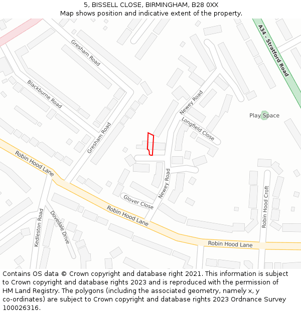 5, BISSELL CLOSE, BIRMINGHAM, B28 0XX: Location map and indicative extent of plot