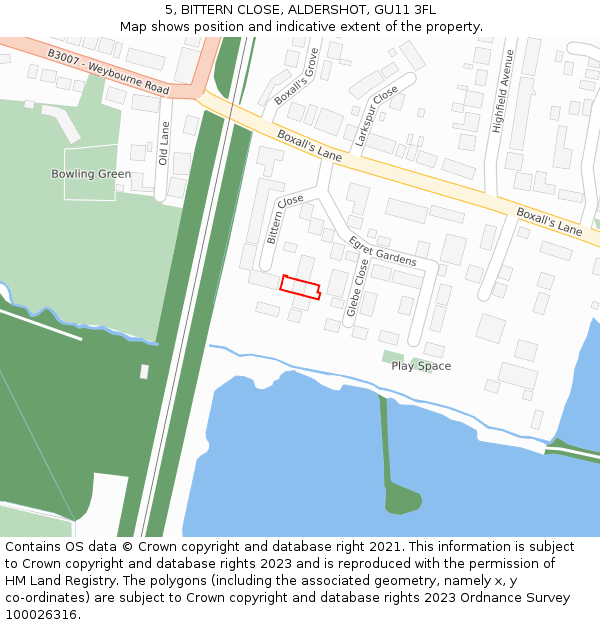 5, BITTERN CLOSE, ALDERSHOT, GU11 3FL: Location map and indicative extent of plot