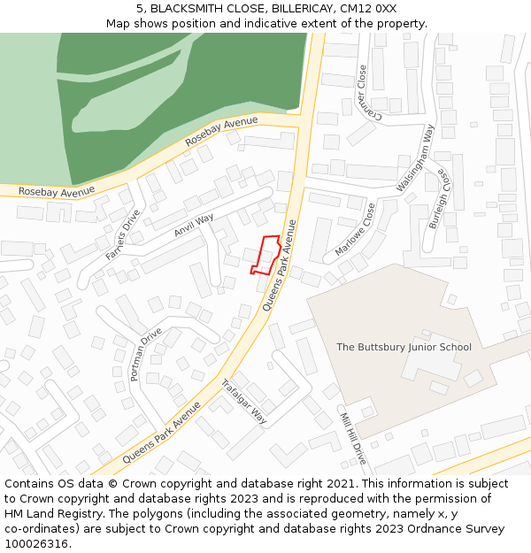 5, BLACKSMITH CLOSE, BILLERICAY, CM12 0XX: Location map and indicative extent of plot