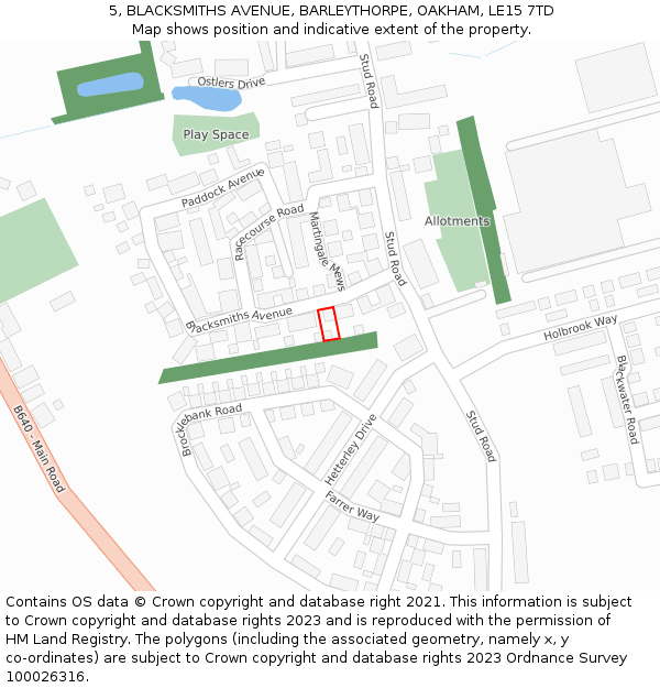 5, BLACKSMITHS AVENUE, BARLEYTHORPE, OAKHAM, LE15 7TD: Location map and indicative extent of plot