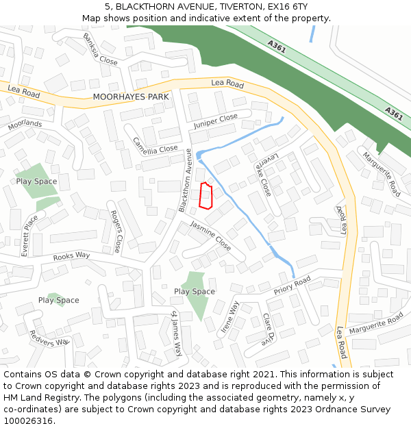 5, BLACKTHORN AVENUE, TIVERTON, EX16 6TY: Location map and indicative extent of plot