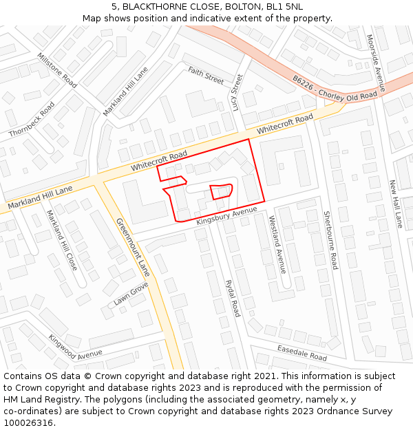 5, BLACKTHORNE CLOSE, BOLTON, BL1 5NL: Location map and indicative extent of plot