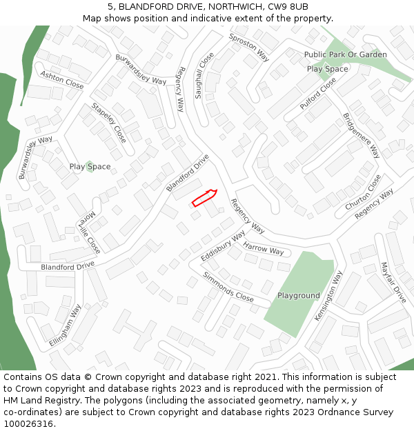 5, BLANDFORD DRIVE, NORTHWICH, CW9 8UB: Location map and indicative extent of plot