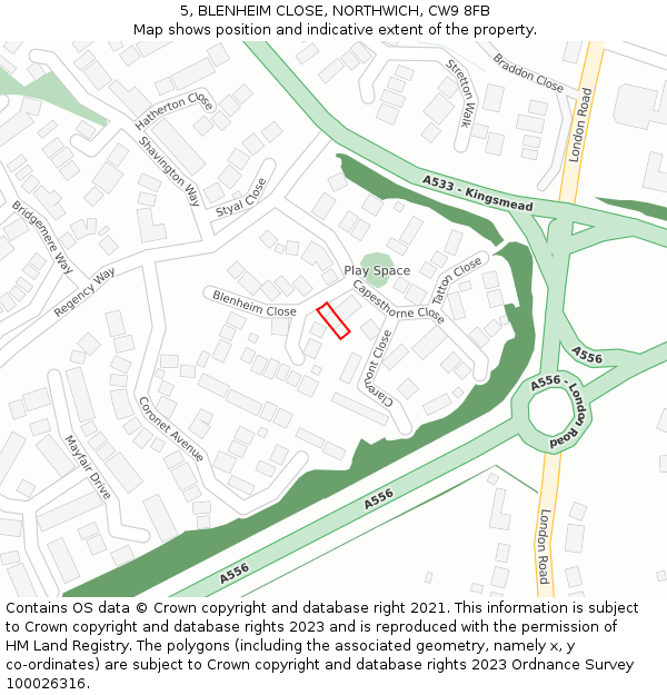 5, BLENHEIM CLOSE, NORTHWICH, CW9 8FB: Location map and indicative extent of plot