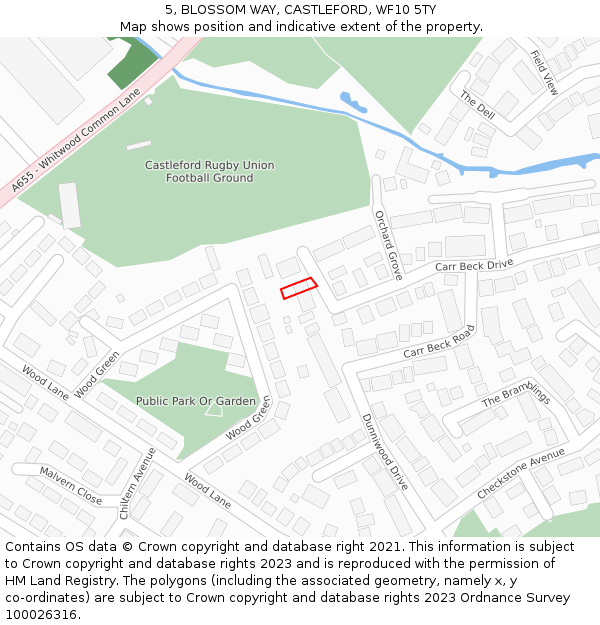 5, BLOSSOM WAY, CASTLEFORD, WF10 5TY: Location map and indicative extent of plot