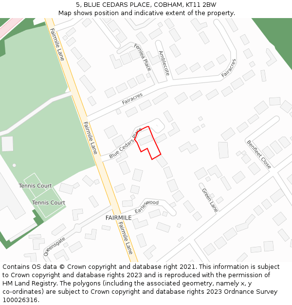 5, BLUE CEDARS PLACE, COBHAM, KT11 2BW: Location map and indicative extent of plot