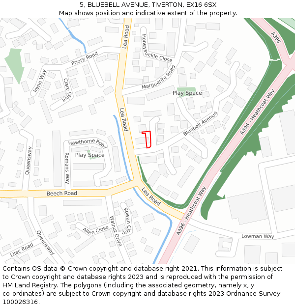 5, BLUEBELL AVENUE, TIVERTON, EX16 6SX: Location map and indicative extent of plot