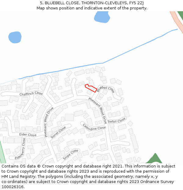 5, BLUEBELL CLOSE, THORNTON-CLEVELEYS, FY5 2ZJ: Location map and indicative extent of plot