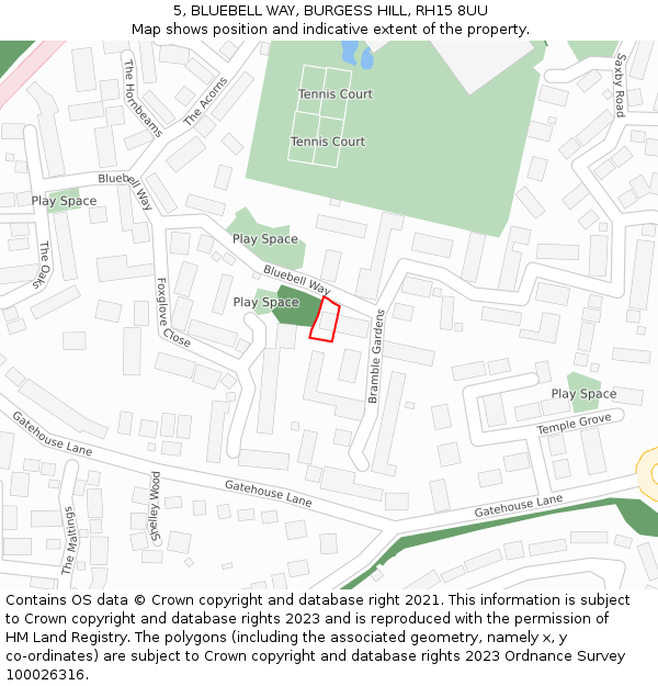 5, BLUEBELL WAY, BURGESS HILL, RH15 8UU: Location map and indicative extent of plot