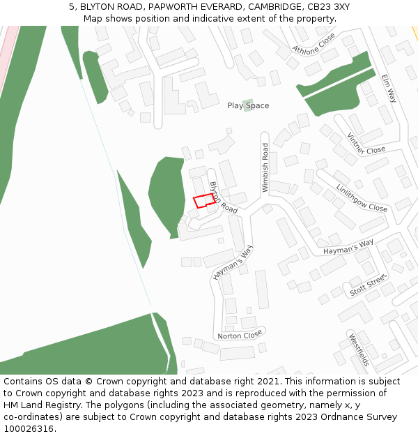 5, BLYTON ROAD, PAPWORTH EVERARD, CAMBRIDGE, CB23 3XY: Location map and indicative extent of plot