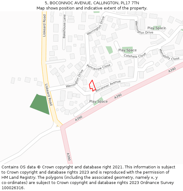 5, BOCONNOC AVENUE, CALLINGTON, PL17 7TN: Location map and indicative extent of plot