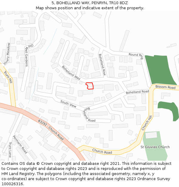 5, BOHELLAND WAY, PENRYN, TR10 8DZ: Location map and indicative extent of plot