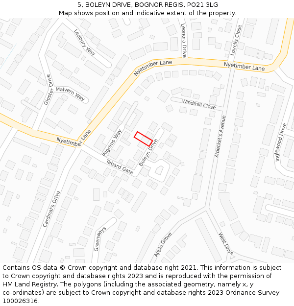 5, BOLEYN DRIVE, BOGNOR REGIS, PO21 3LG: Location map and indicative extent of plot