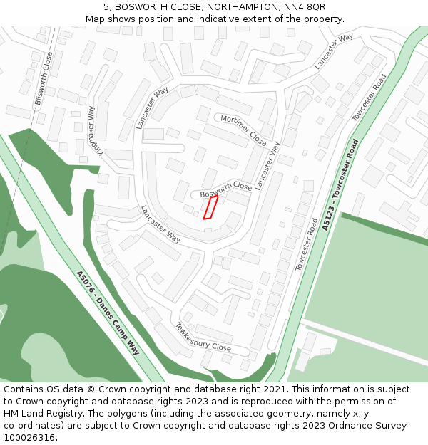 5, BOSWORTH CLOSE, NORTHAMPTON, NN4 8QR: Location map and indicative extent of plot