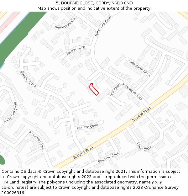 5, BOURNE CLOSE, CORBY, NN18 8ND: Location map and indicative extent of plot