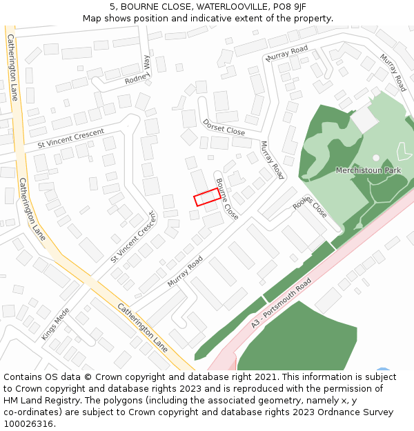 5, BOURNE CLOSE, WATERLOOVILLE, PO8 9JF: Location map and indicative extent of plot