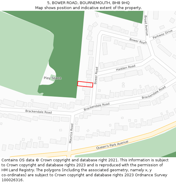 5, BOWER ROAD, BOURNEMOUTH, BH8 9HQ: Location map and indicative extent of plot